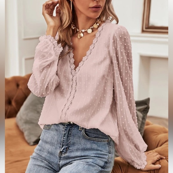 Tops - Frenchy Swiss Dot Lace Panel Blouse
